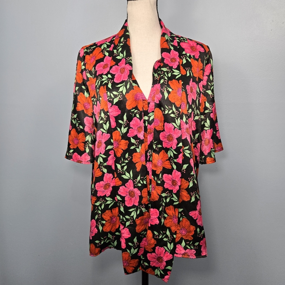 MNG Casual By Mango Womens 3/4 Sleeveβ Floral Blouse Tie Detail Size Large